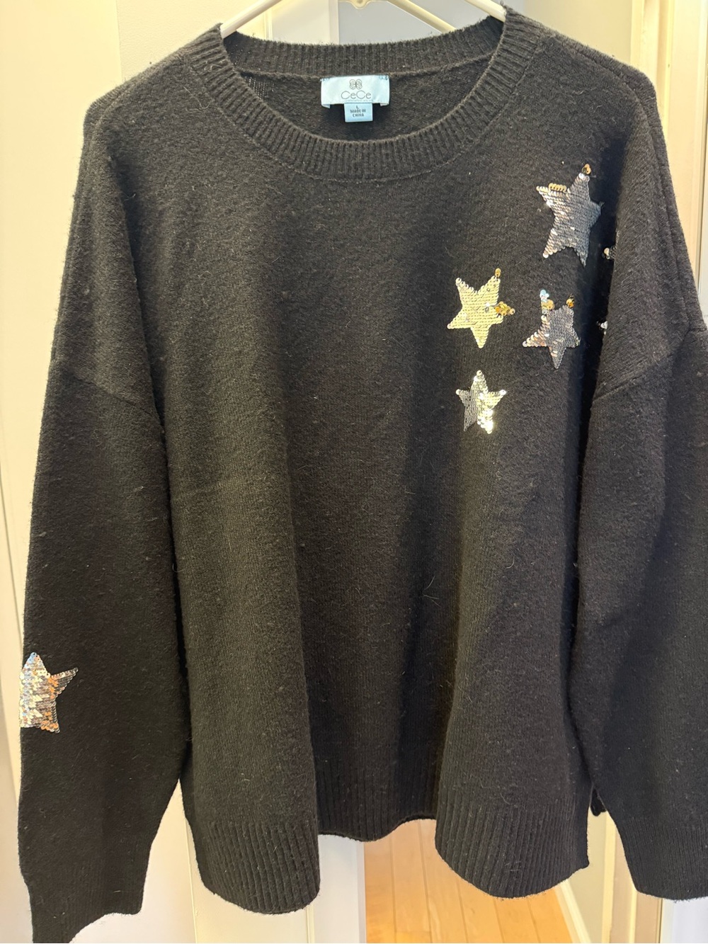 CeCe Black Crewneck Sweater with Sequin Stars